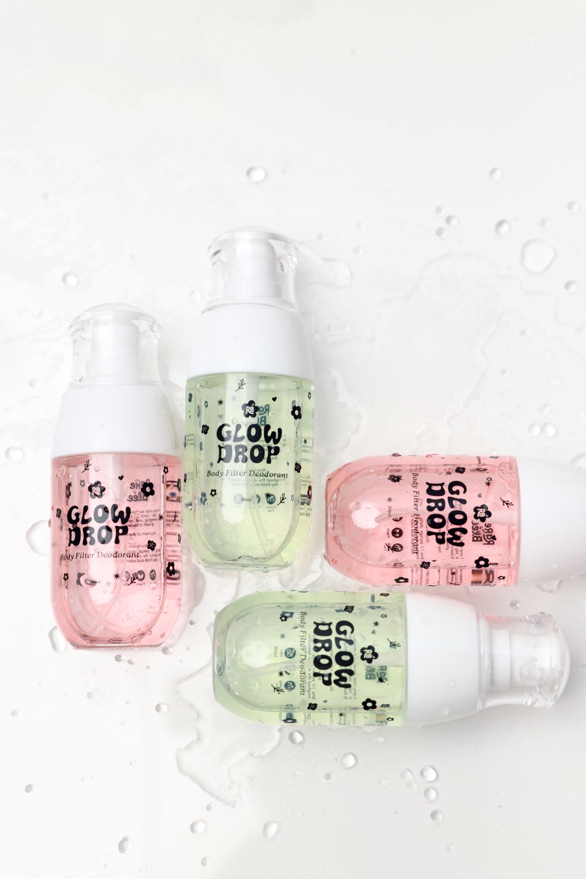 Glow Drop foam bottles with water splash